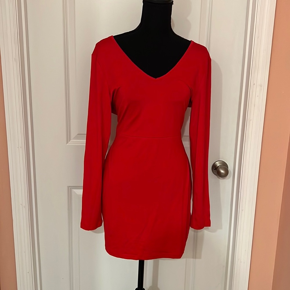 Long Sleeve, Red Dress with Chain Detail